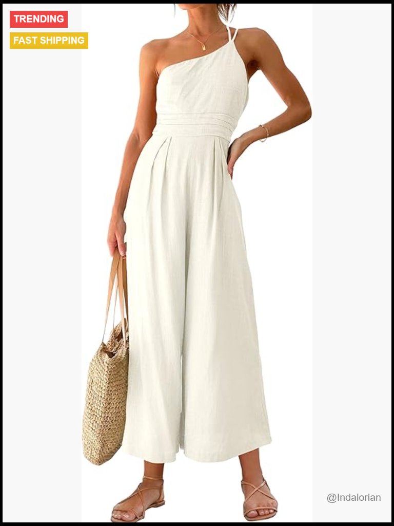One Shoulder High Waist Wide Leg Linen Jumpsuit Romper